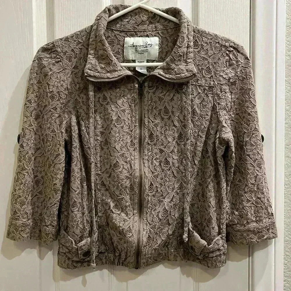 Y2K American Rag Floral Lace Sheer Bomber Jacket Roll Tab Sheer Sz Small